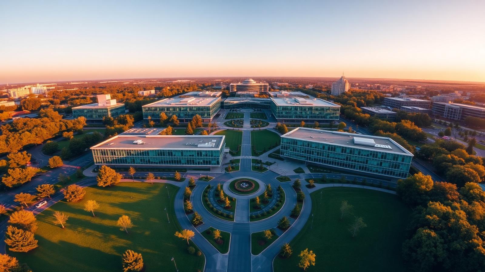 Aerial view of a modern corporate campus