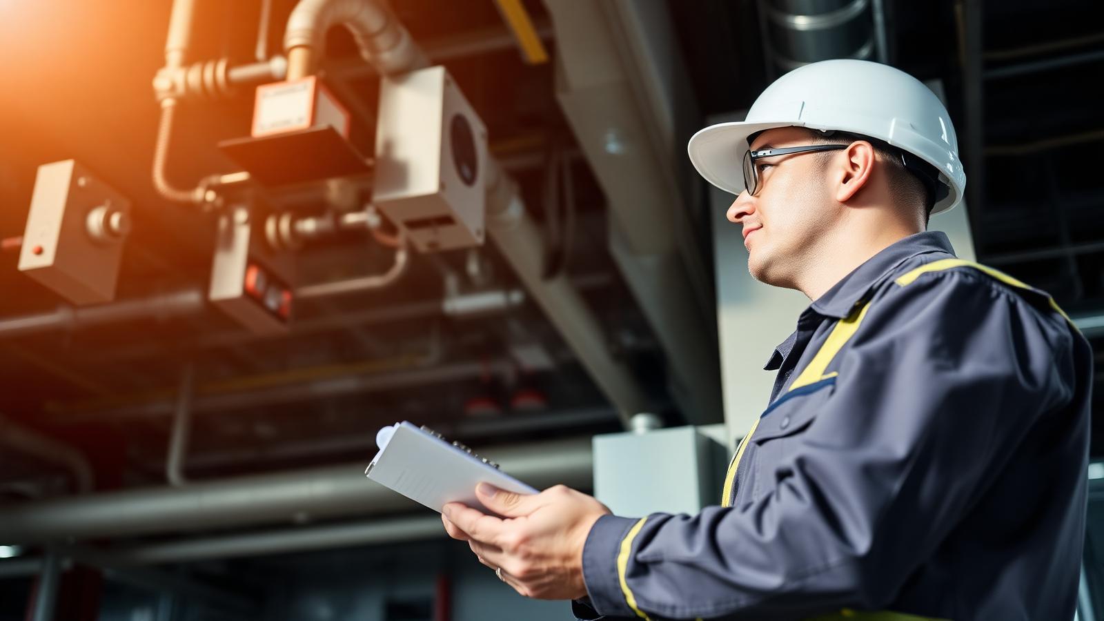 Technician inspecting fire safety systems in an industrial facility