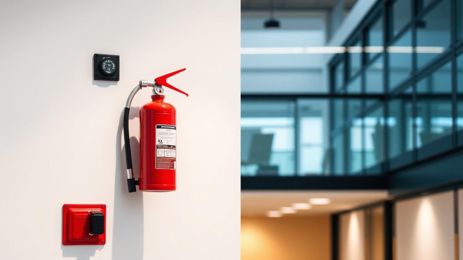 Fire extinguisher mounted on a modern corporate wall