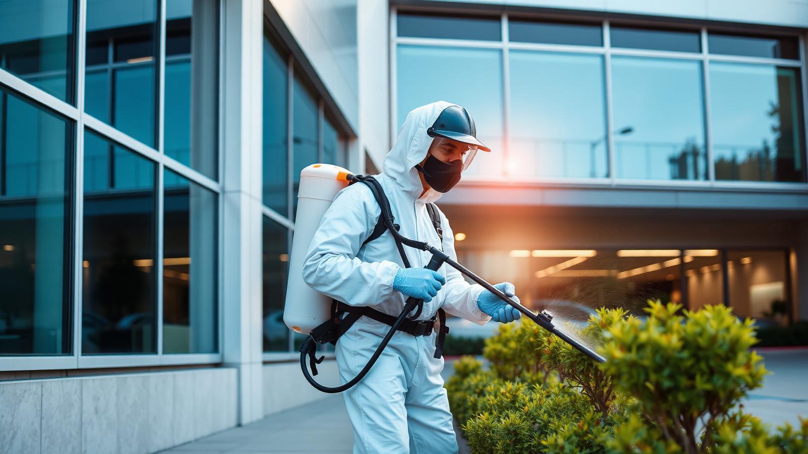 Pest control technician treating a modern commercial building