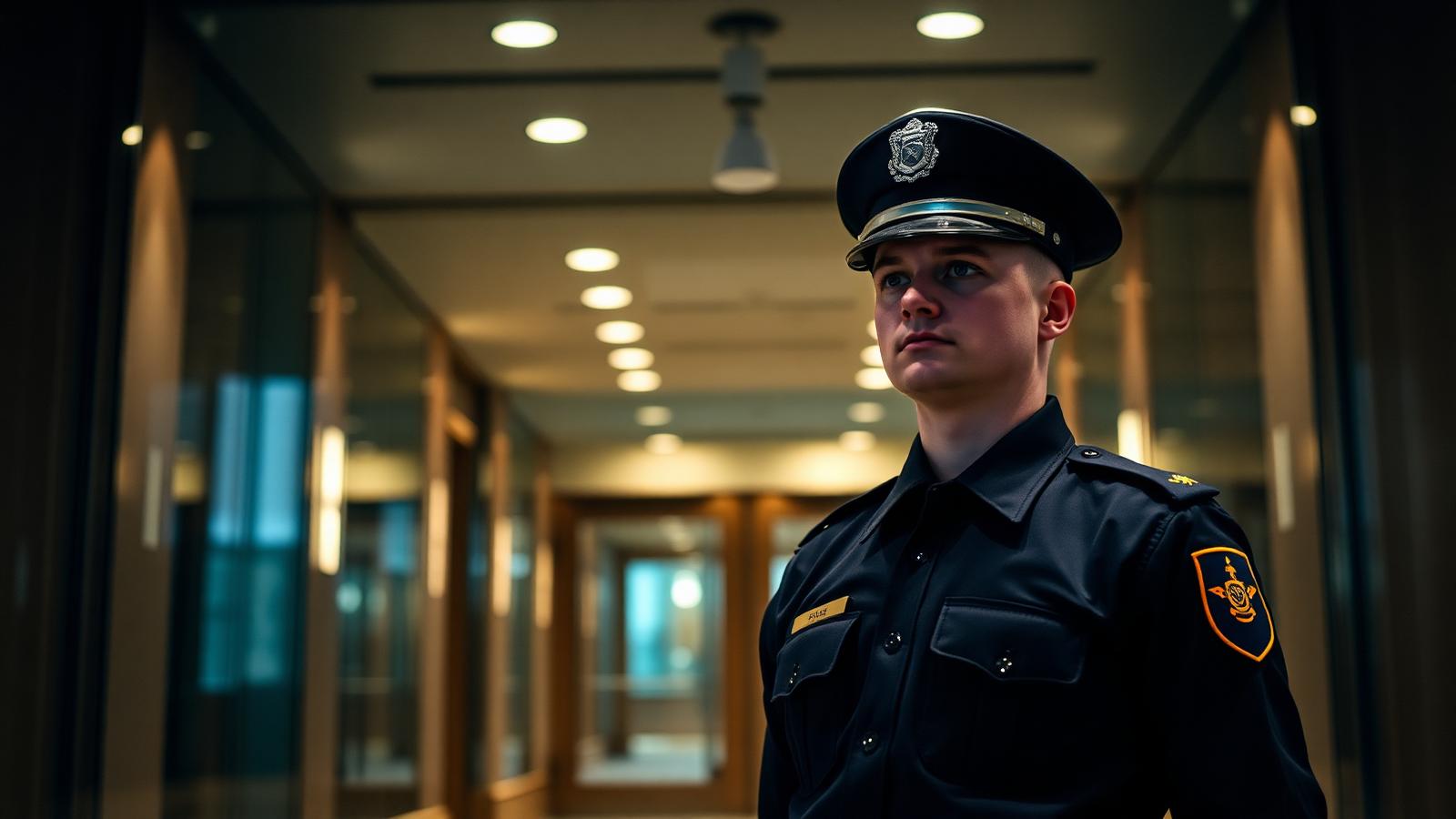 Uniformed security personnel at a corporate building entrance