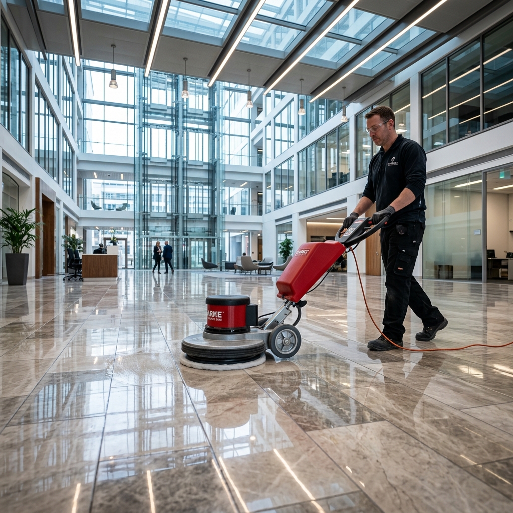Operator polishing reflective office building marble lobby floor