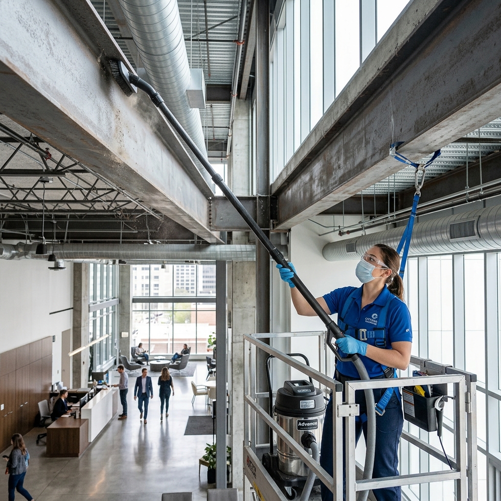 Clean high rafters and AC air diffusers in office workspace
