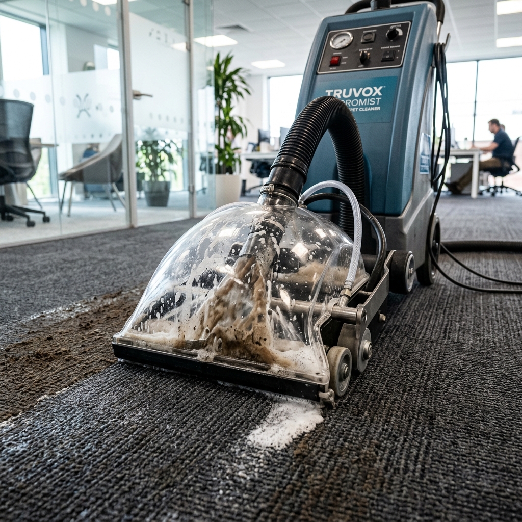 Shampoo injection machine extracting dirt from deep office carpets