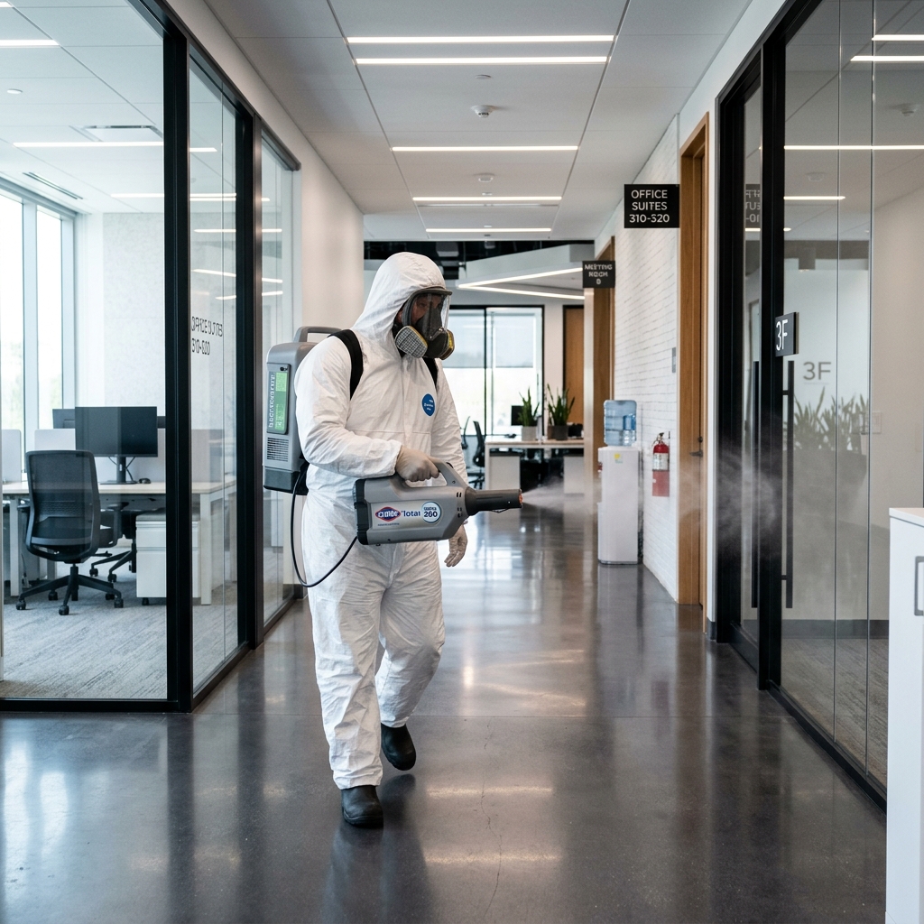 Electrostatic sanitising fogger spraying lobby corridor