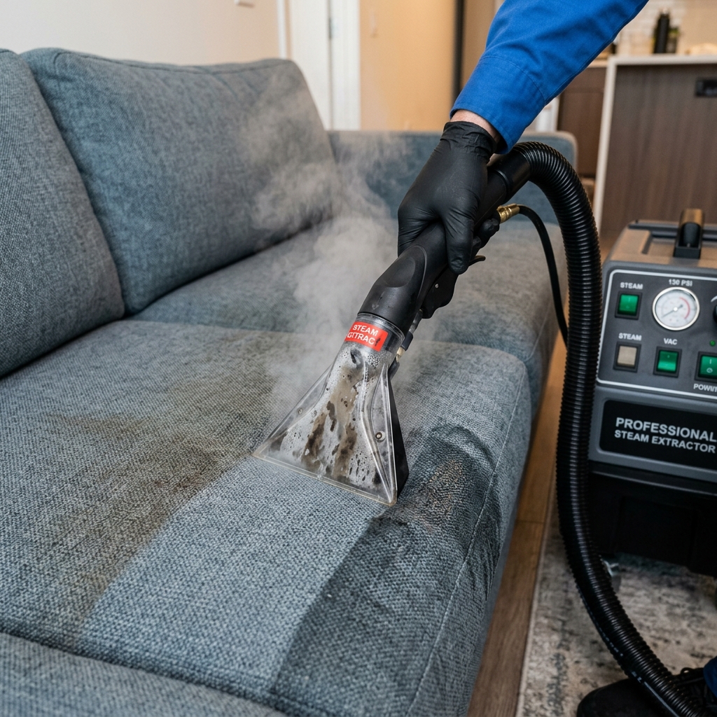 Steam cleaner extracting dirt from fabric sofa